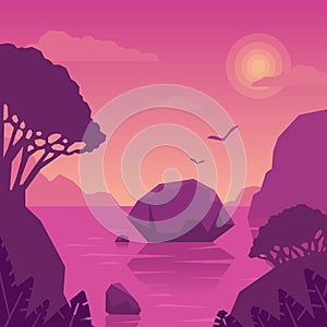 Summer landscape with islands and the sea. Pink dream. Sea vacation in a tropical climate