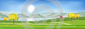 Summer landscape by the lake with blue sky and clouds, Panorama Green fields, fresh and peaceful rural nature in springtime with