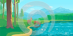 Summer Landscape With Lake and Deer