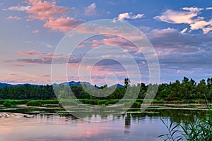 Summer landscape. Lake cove at dusk. With beautiful colored clouds and reflection on the water surface.