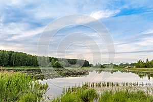 Summer landscape. Lake, forest and blue sky with beautiful clouds.