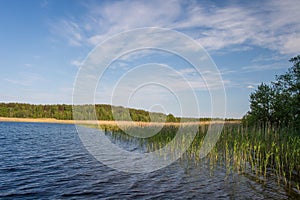 Summer landscape of lake Snudy of Braslav Lakes in sunny day, Belarus