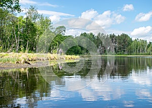 Summer landscape with lake and white cloud reflections in the water, tree silhouettes reflect in the lake water