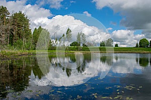 Summer landscape with lake and white cloud reflections in the water, tree silhouettes reflect in the lake water
