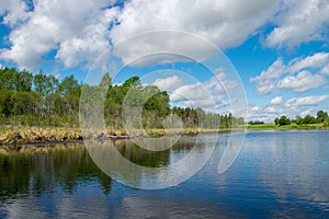 Summer landscape with lake and white cloud reflections in the water, tree silhouettes reflect in the lake water