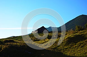 Summer landscape with a lonely house in the Ukrainian Carpathians