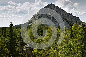 Summer landscape with majestic crest of grey rocky mountain and green forest in sunny day with sinlights and clouds in blue sky.