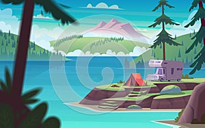 Summer landscape with mountain lake view and camping . Summer camp on river shore.