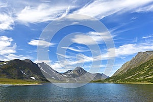 Summer landscape with mountains, Lake Hadata, Yamal