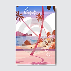 Summer landscape palm tree beach sunset badge design label. season holidays lettering for logo, templates, invitation