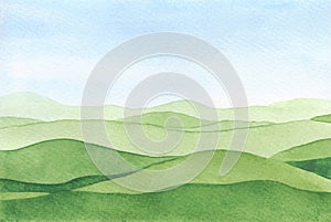 Summer landscape with panoramic views of green fields, hills, mountains, steppes, hand-drawn.