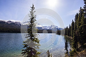 Summer landscape and people kayaking and fishing in Maligne lake, Jasper National Park, Canada