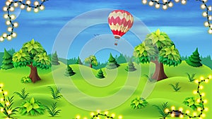 Summer landscape with pines and trees on green meadow on background of blue sky with air ballon.