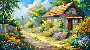 Summer landscape of the Polish countryside, an old wooden house surrounded by fields, meadows and flowers, idyllic view, oil