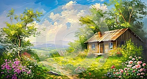 Summer landscape of the Polish countryside, an old wooden house surrounded by fields, meadows and flowers, idyllic view, oil