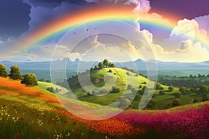 Summer landscape rainbow. Generate Ai