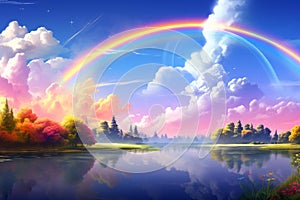 Summer landscape rainbow. Generate Ai