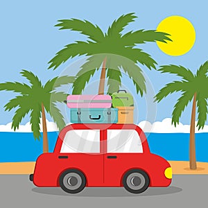 Summer landscape red car with suitcases on the background of palm trees and the sea in cartoon style