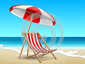Summer landscape. Red and white striped deck chair and beach umbrella on the seashore. Highly realistic illustration