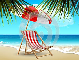 Summer landscape. Red and white striped deck chair and beach umbrella on the seashore, under a palm tree. Highly realistic