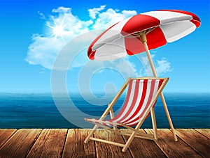 Summer landscape. Red and white striped sun lounger and a beach umbrella by the sea. Highly realistic illustration