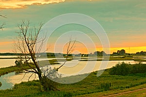 Summer landscape - river bank and Volga river in the evening.