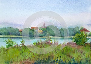 Summer landscape with a river and a field