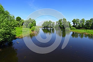 Summer landscape with river and green trees