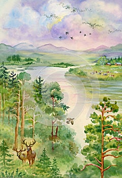 Summer landscape with river, pine, trees and deer