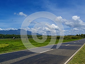 Summer landscape with road through rural land. Tropical nature bright view from highway