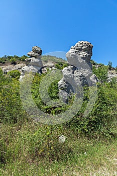 Summer landscape of Rock formation The Stone Dolls of Kuklica near town of Kratovo, Republic of North Macedonia