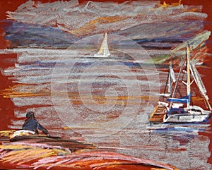 Summer landscape with sea and yachts, oil pastel pattern