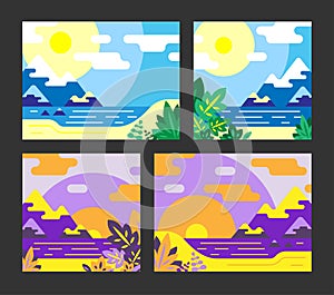 Summer landscape. Seascape. Morning and evening vector backgrounds. Set