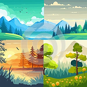 Summer landscape set background with lake, mountains, green field hills, big meadows, blue spring sky and clouds, trees.