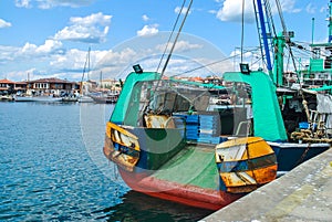 Summer landscape with ships in sea harbor by blue sky in Nessebar, Bulgaria