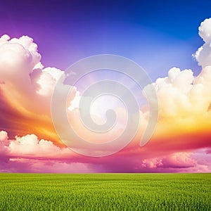 summer landscape, sky with clouds and rainbow lights, abstract, surreal, dreamlike