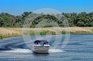 Summer landscape. Speed â€‹â€‹boat in Danube Delta, landmark attraction in Romania. Danube River