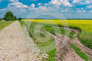 Summer landscape with stone road in leading to small village