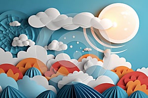 Summer landscape - sun, cloud and sky. Japanese origami, paper art style