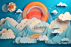 Summer landscape - sun, cloud and sky. Japanese origami, paper art style