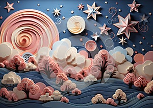 Summer landscape sun, cloud and sky. Japanese origami, paper art style