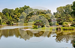 Summer Landscape on sunny day of Japanese Island in Chicago Botanic Garden.