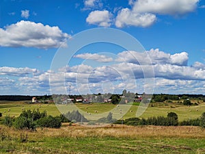 Summer landscape in Sunny weather with clouds. Agricultural fields.