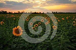 Summer landscape: sunset over sunflowers field