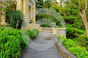 Summer Landscape In Tropical Ornamental Park With Walkway And Po