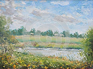 Summer landscape, a village in the distance, flowers, trees, clouds