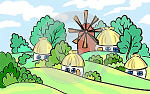 Summer landscape of the village. on hill stands a mill and house. hand-drawn. It can be used as postcard.