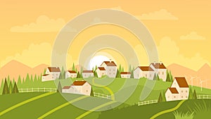 Summer landscape with village and sunrise, farm countryside outdoor view with houses