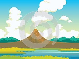 Summer landscape - volcano, lake, grass, clouds.