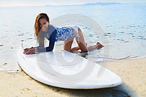 Summer Leisure Sport Activity. Happy Woman With Surfboard On Beach.